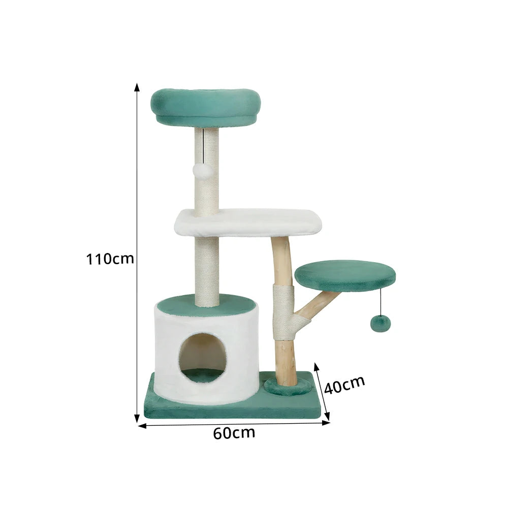 PAWORA Hole House Cat Tree - 110cm Multi-Level Cat Tower with Hideaway Bed and Scratching Posts - Teal & White