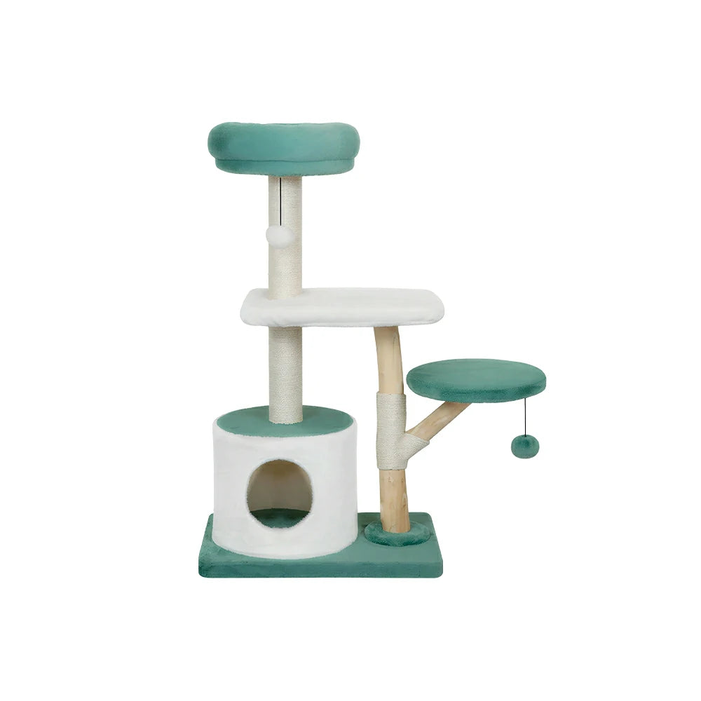 PAWORA Hole House Cat Tree - 110cm Multi-Level Cat Tower with Hideaway Bed and Scratching Posts - Teal & White