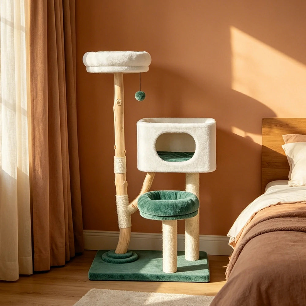 PAWORA Hole House Cat Tree - 137cm Large Cat Tower with Hideaway Bed and Scratching Posts - Teal & White