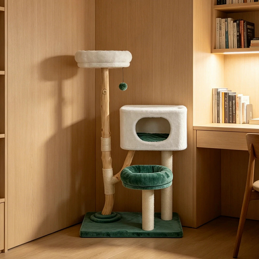 PAWORA Hole House Cat Tree - 137cm Large Cat Tower with Hideaway Bed and Scratching Posts - Teal & White