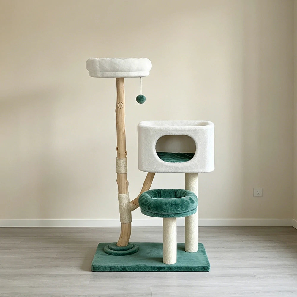 PAWORA Hole House Cat Tree - 137cm Large Cat Tower with Hideaway Bed and Scratching Posts - Teal & White