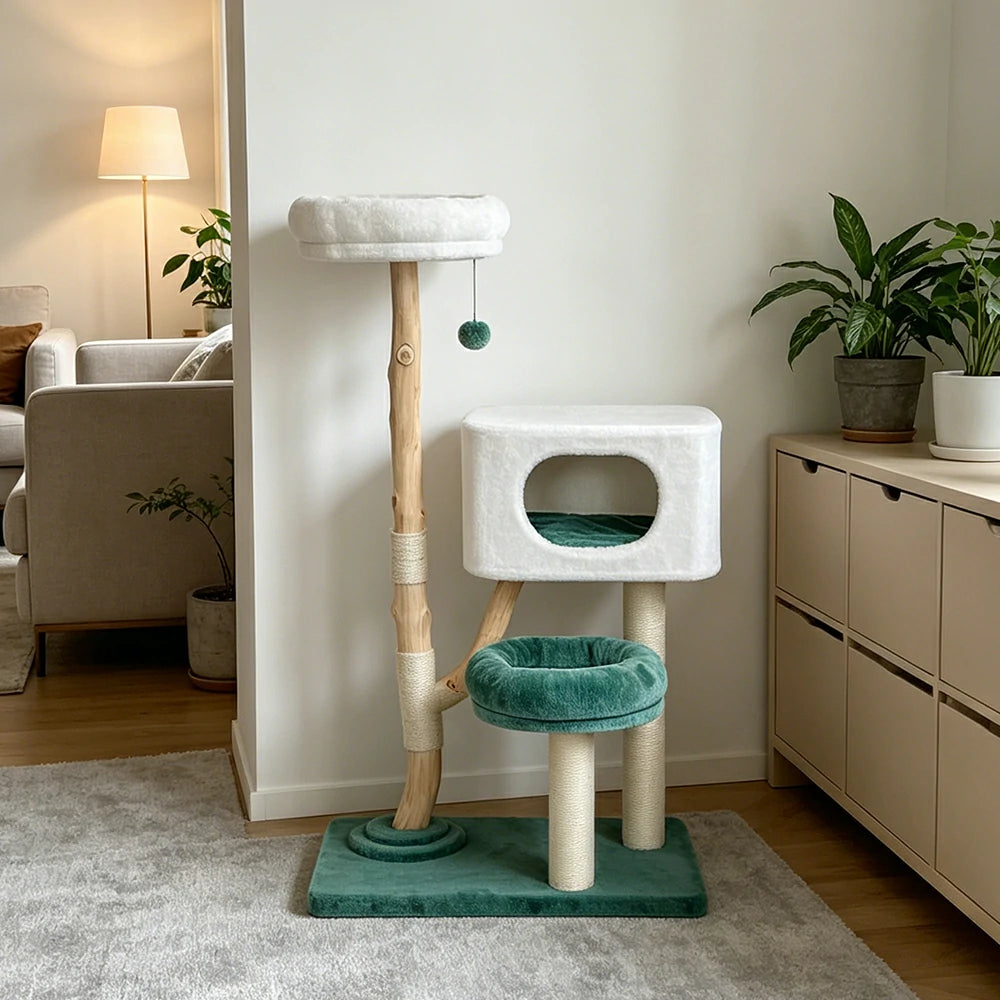 PAWORA Hole House Cat Tree - 137cm Large Cat Tower with Hideaway Bed and Scratching Posts - Teal & White