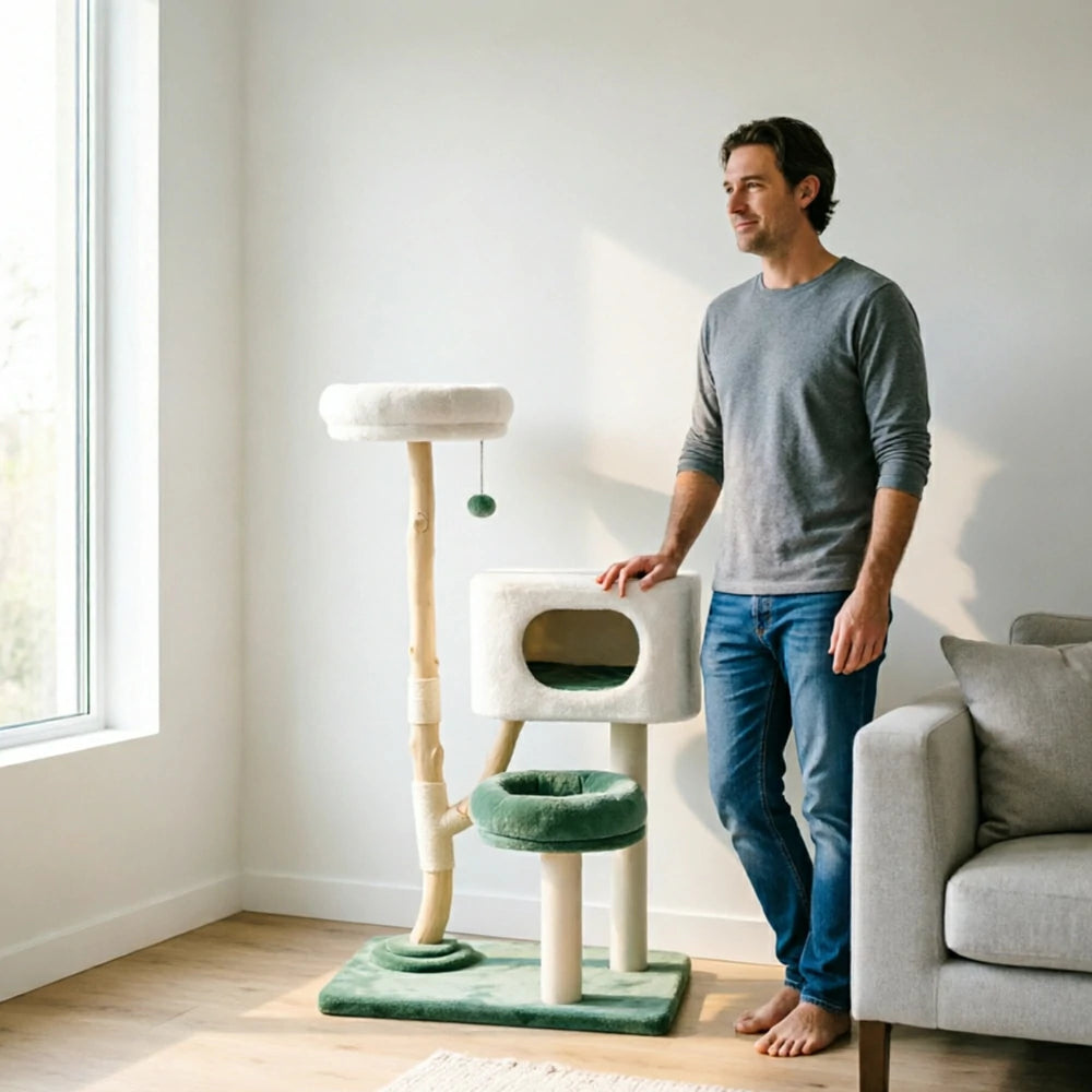PAWORA Hole House Cat Tree - 137cm Large Cat Tower with Hideaway Bed and Scratching Posts - Teal & White