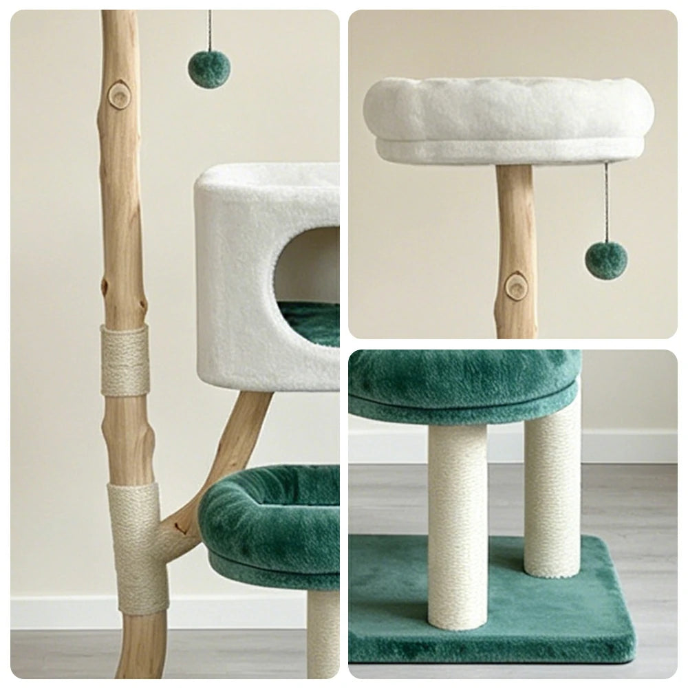 PAWORA Hole House Cat Tree - 137cm Large Cat Tower with Hideaway Bed and Scratching Posts - Teal & White