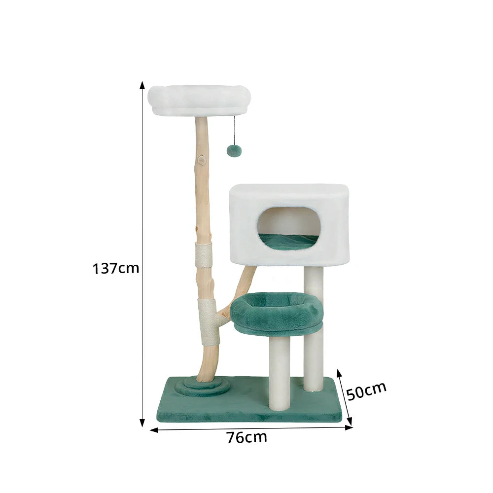 PAWORA Hole House Cat Tree - 137cm Large Cat Tower with Hideaway Bed and Scratching Posts - Teal & White