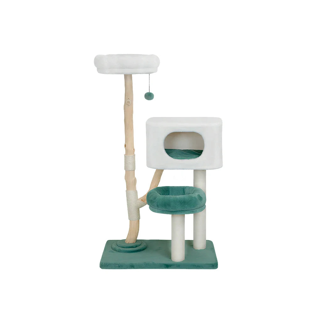 PAWORA Hole House Cat Tree - 137cm Large Cat Tower with Hideaway Bed and Scratching Posts - Teal & White