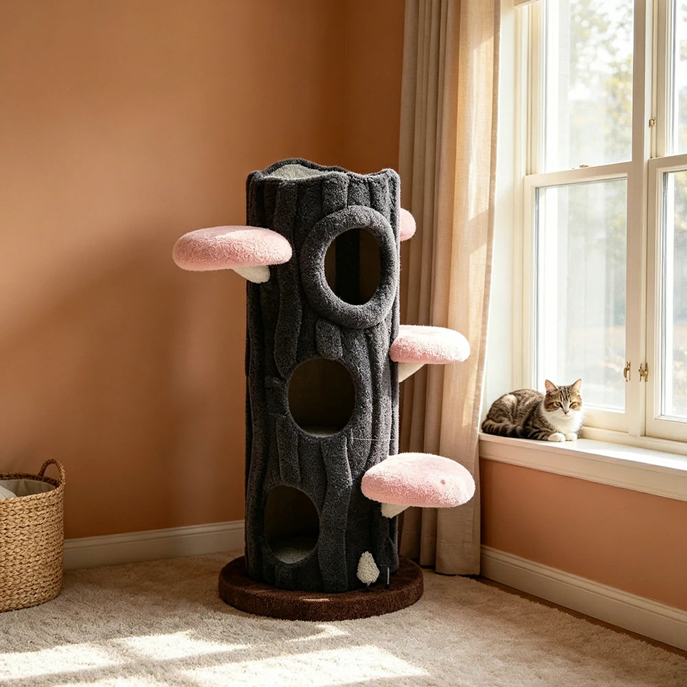 PAWORA French Vintage Tree House Cat Tree - Multi-Level Cat Tower with 4 Pink Jumping Platforms - Grey & Pink