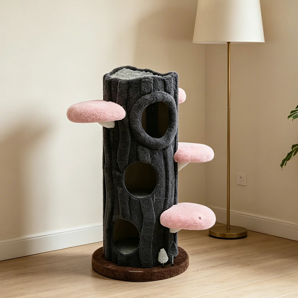 PAWORA French Vintage Tree House Cat Tree - Multi-Level Cat Tower with 4 Pink Jumping Platforms - Grey & Pink