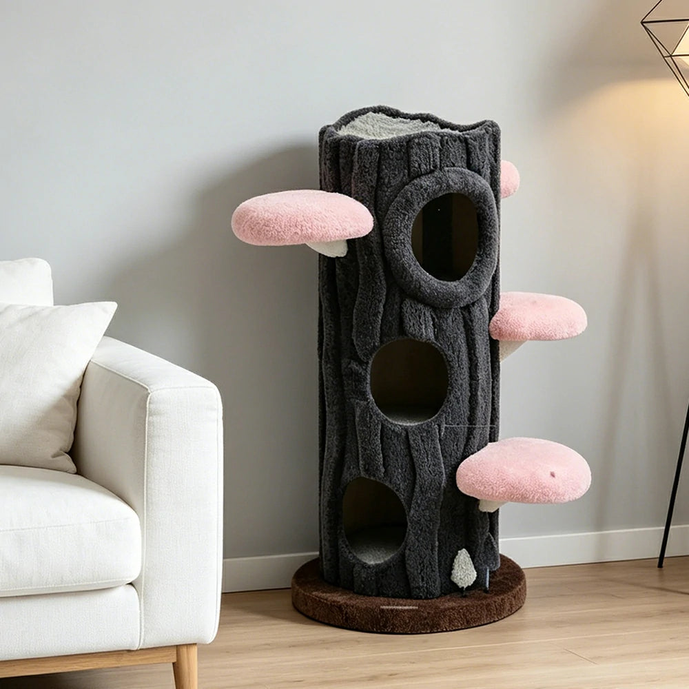 PAWORA French Vintage Tree House Cat Tree - Multi-Level Cat Tower with 4 Pink Jumping Platforms - Grey & Pink