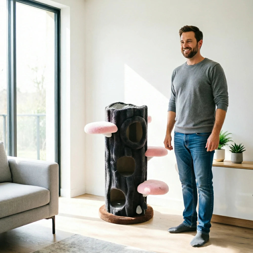 PAWORA French Vintage Tree House Cat Tree - Multi-Level Cat Tower with 4 Pink Jumping Platforms - Grey & Pink