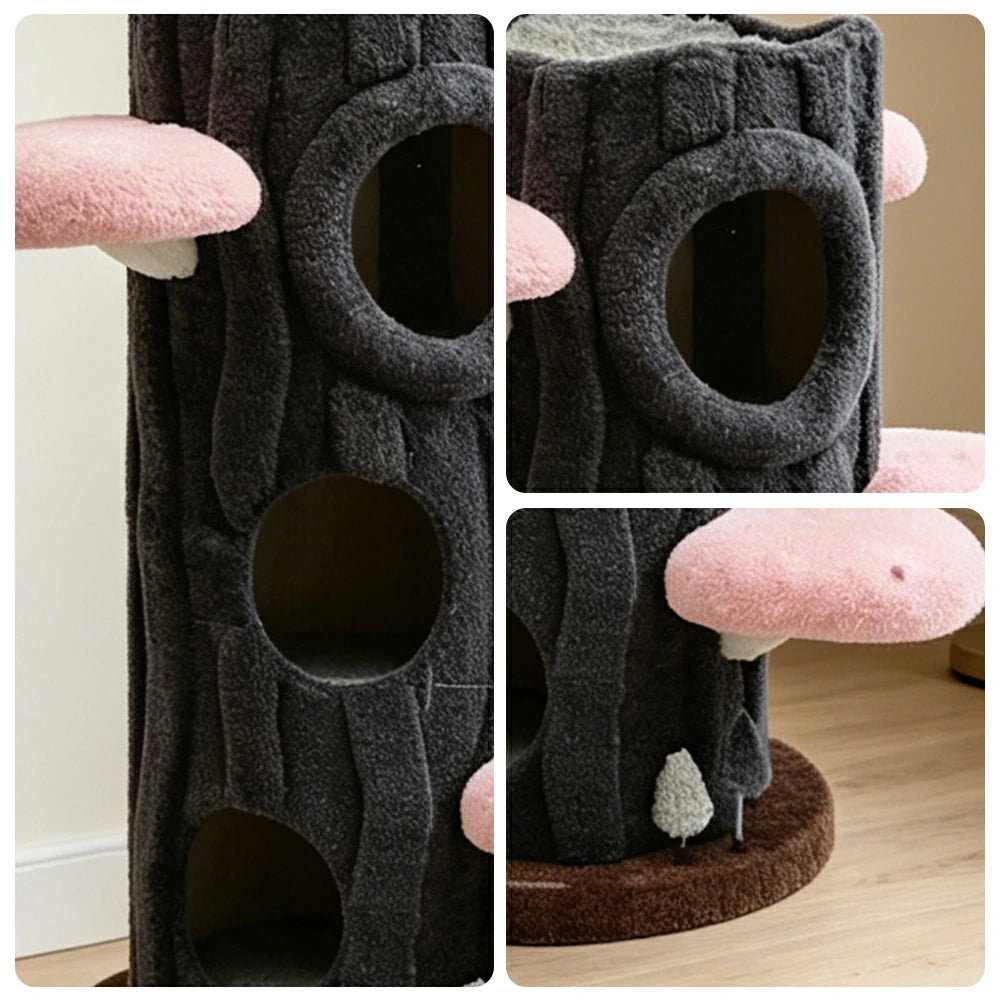 PAWORA French Vintage Tree House Cat Tree - Multi-Level Cat Tower with 4 Pink Jumping Platforms - Grey & Pink