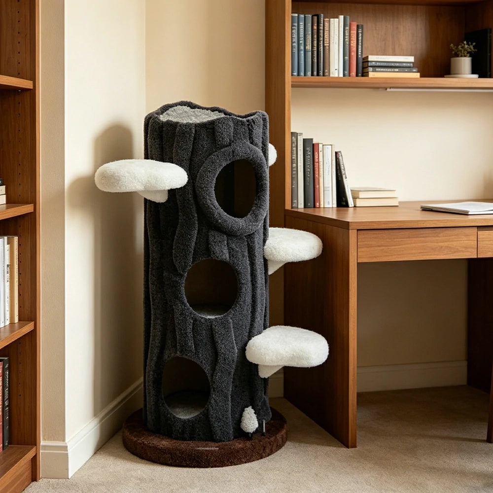 PAWORA Winter Tree House Cat Tree - 124cm Multi-Level Cat Tower with Tree Hole Hideaway - Grey & White