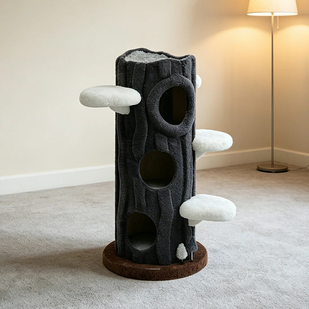 PAWORA Winter Tree House Cat Tree - 124cm Multi-Level Cat Tower with Tree Hole Hideaway - Grey & White