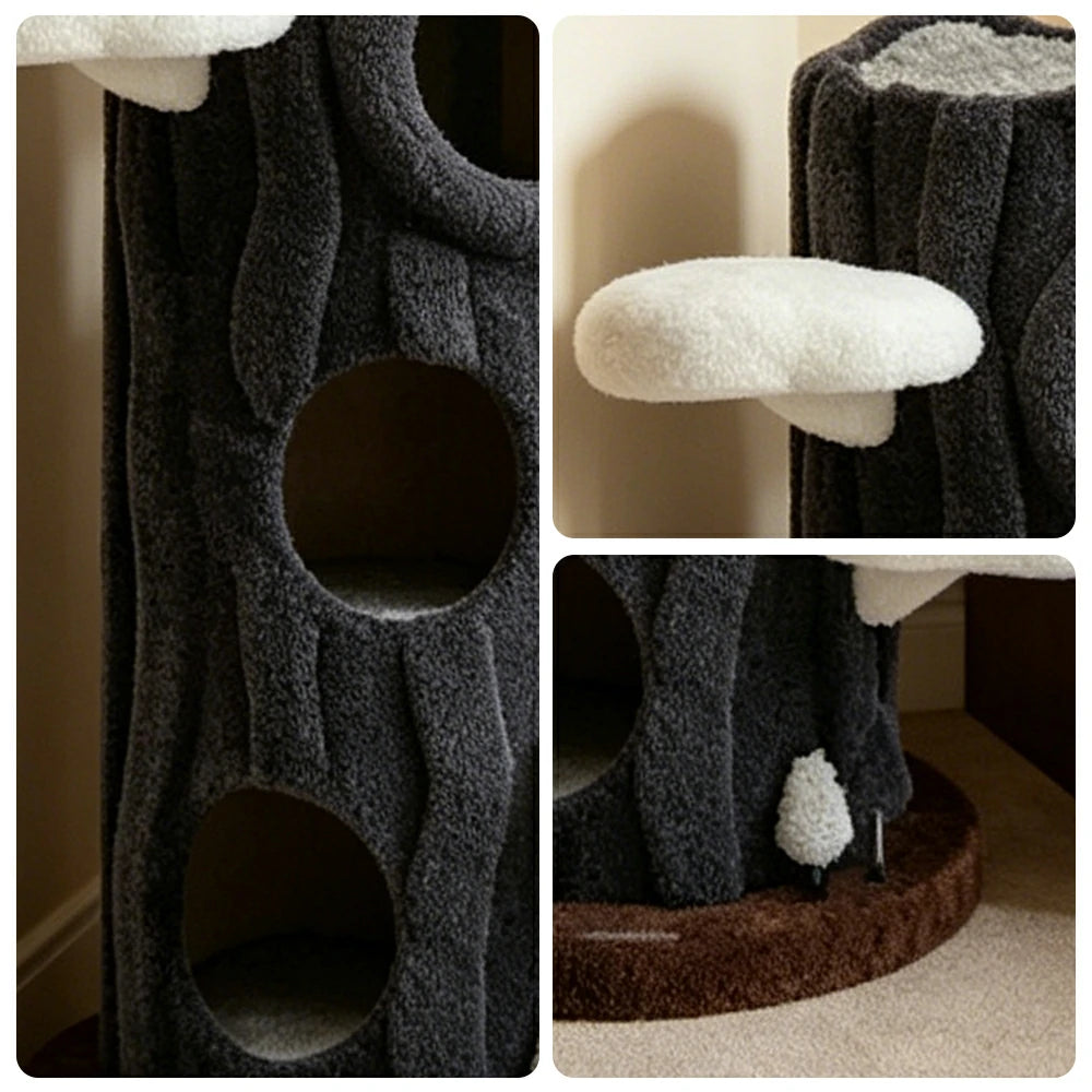 PAWORA Winter Tree House Cat Tree - 124cm Multi-Level Cat Tower with Tree Hole Hideaway - Grey & White