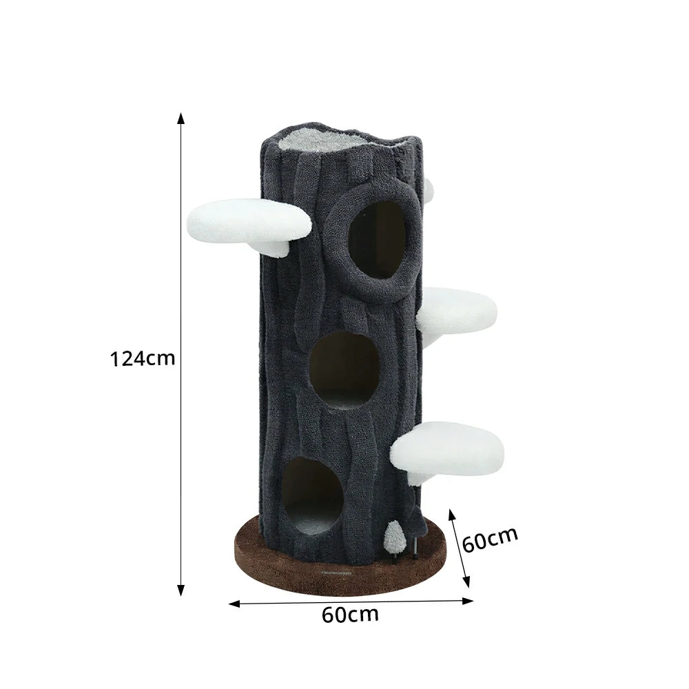 PAWORA Winter Tree House Cat Tree - 124cm Multi-Level Cat Tower with Tree Hole Hideaway - Grey & White