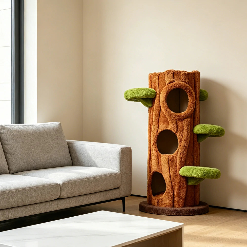 PAWORA Winter Tree House Cat Tree - 124cm Multi-Level Cat Tower with Tree Hole Hideaway - Wood & Green
