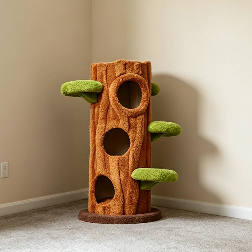 PAWORA Winter Tree House Cat Tree - 124cm Multi-Level Cat Tower with Tree Hole Hideaway - Wood & Green