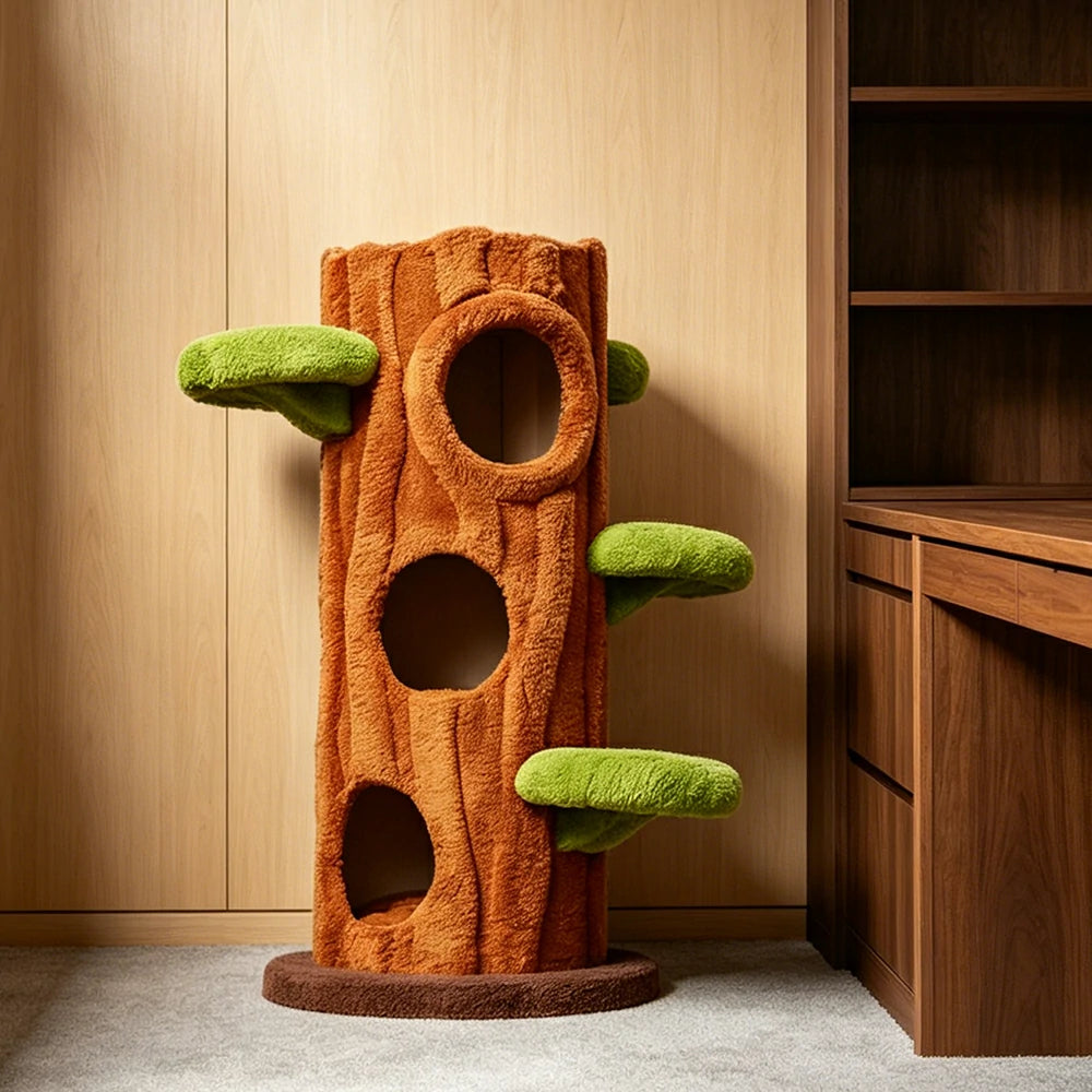 PAWORA Winter Tree House Cat Tree - 124cm Multi-Level Cat Tower with Tree Hole Hideaway - Wood & Green