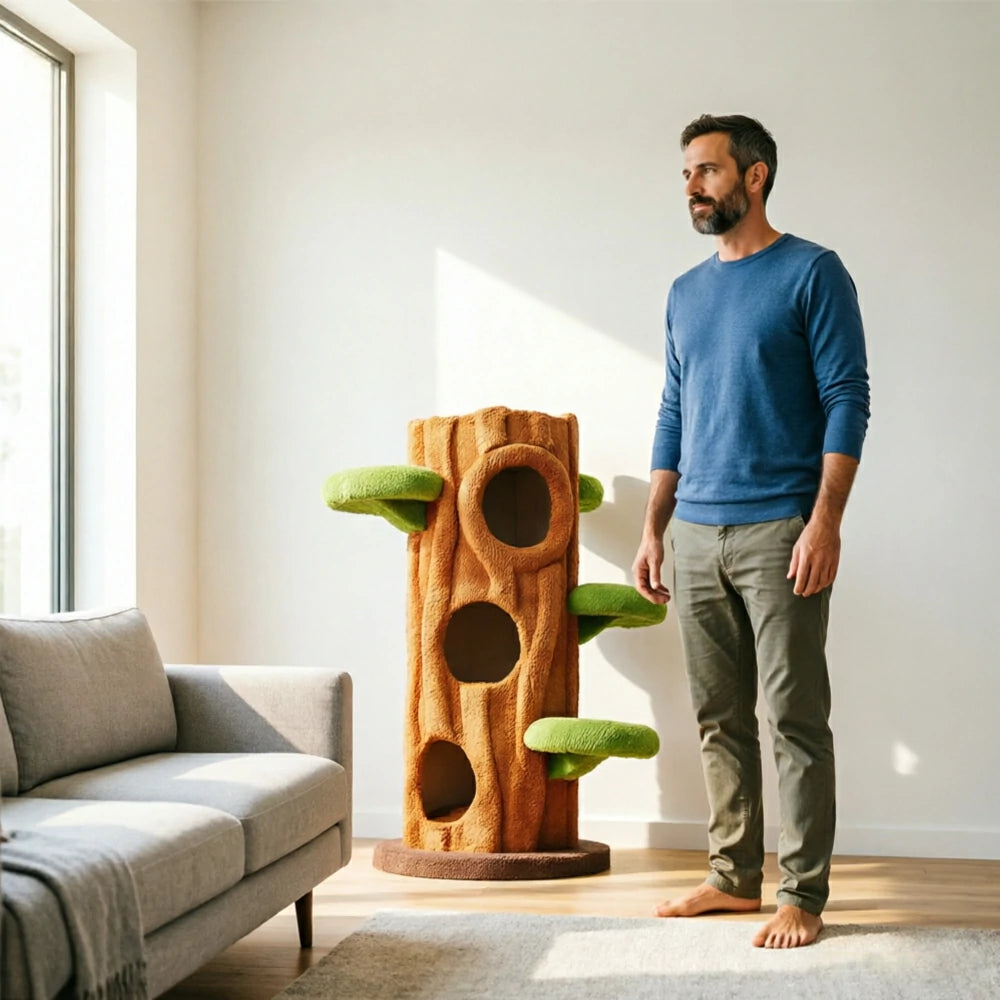 PAWORA Winter Tree House Cat Tree - 124cm Multi-Level Cat Tower with Tree Hole Hideaway - Wood & Green
