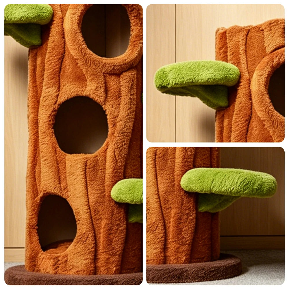 PAWORA Winter Tree House Cat Tree - 124cm Multi-Level Cat Tower with Tree Hole Hideaway - Wood & Green