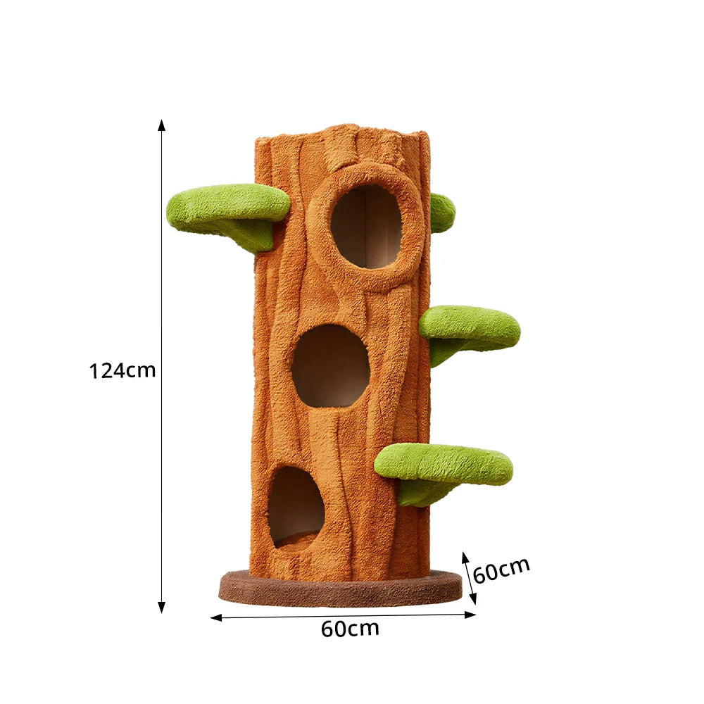 PAWORA Winter Tree House Cat Tree - 124cm Multi-Level Cat Tower with Tree Hole Hideaway - Wood & Green