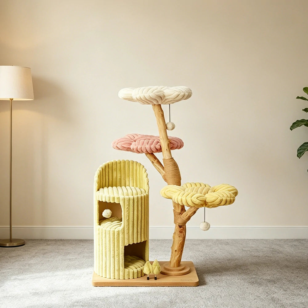 PAWORA Dopamine Holiday Cat Tree - Multi-Level Solid Wood Cat Tower with Hideaway and Jumping Platforms - Multi Colour