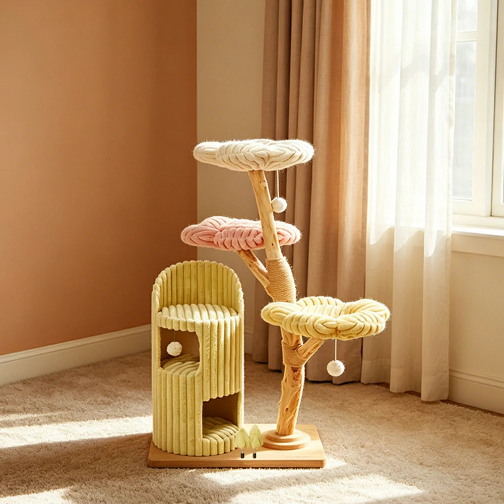 PAWORA Dopamine Holiday Cat Tree - Multi-Level Solid Wood Cat Tower with Hideaway and Jumping Platforms - Multi Colour