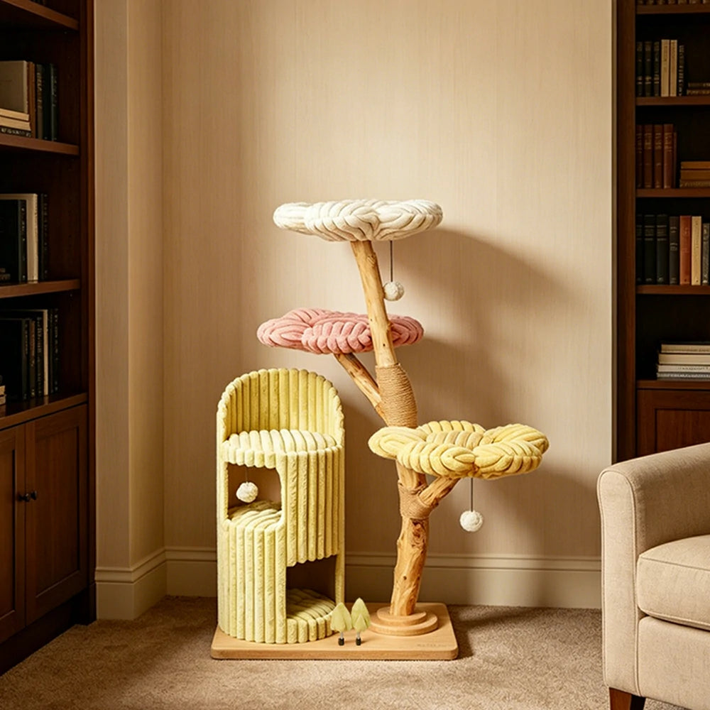 PAWORA Dopamine Holiday Cat Tree - Multi-Level Solid Wood Cat Tower with Hideaway and Jumping Platforms - Multi Colour
