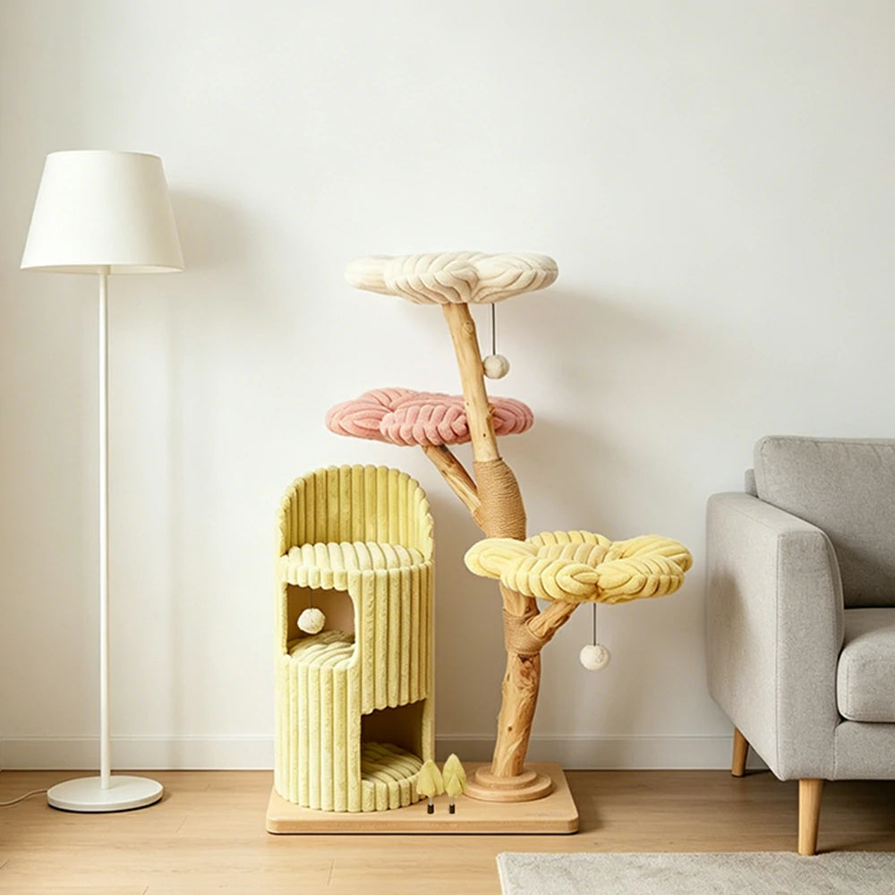 PAWORA Dopamine Holiday Cat Tree - Multi-Level Solid Wood Cat Tower with Hideaway and Jumping Platforms - Multi Colour