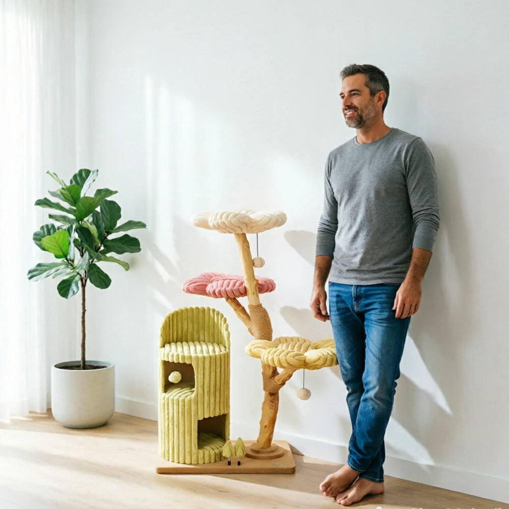 PAWORA Dopamine Holiday Cat Tree - Multi-Level Solid Wood Cat Tower with Hideaway and Jumping Platforms - Multi Colour