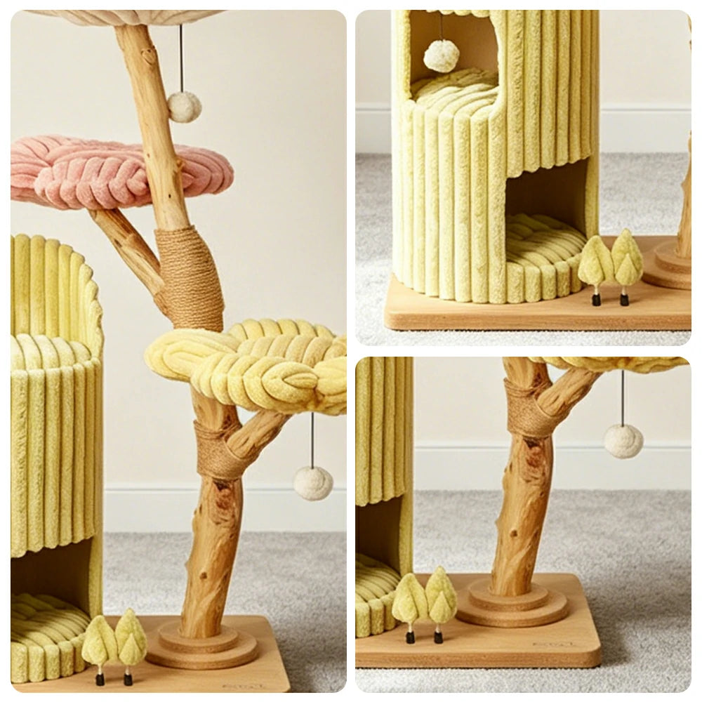 PAWORA Dopamine Holiday Cat Tree - Multi-Level Solid Wood Cat Tower with Hideaway and Jumping Platforms - Multi Colour
