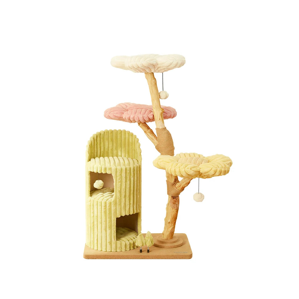 PAWORA Dopamine Holiday Cat Tree - Multi-Level Solid Wood Cat Tower with Hideaway and Jumping Platforms - Multi Colour