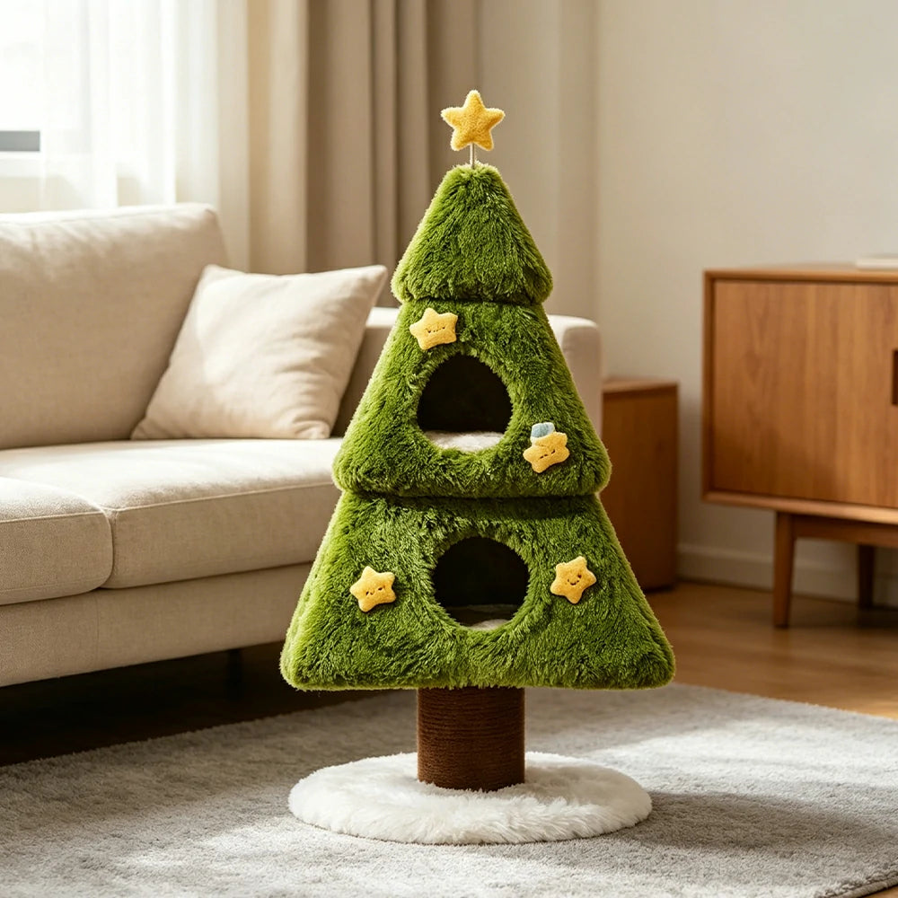 PAWORA Wishing Tree Cat Tree - 116cm Two-Level Cat Tower with 2 Cooling Mats and Scratching Trunk - Green