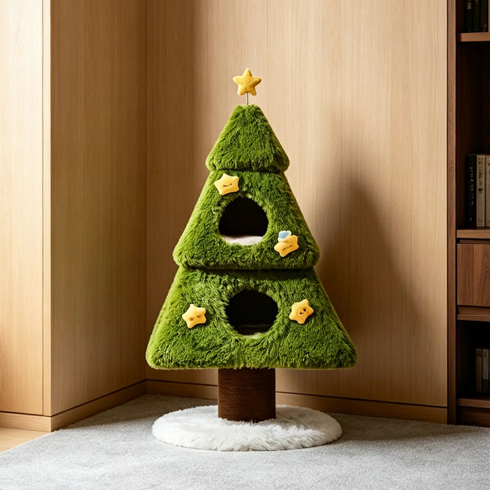 PAWORA Wishing Tree Cat Tree - 116cm Two-Level Cat Tower with 2 Cooling Mats and Scratching Trunk - Green
