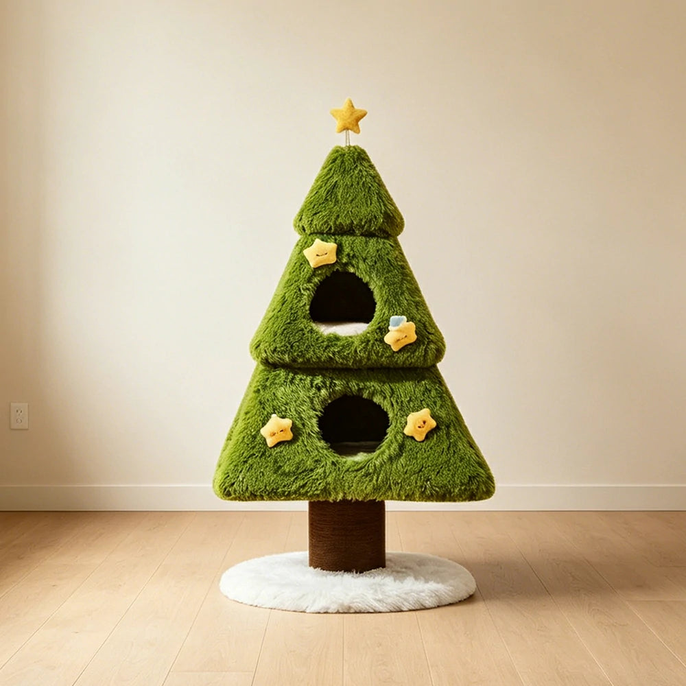 PAWORA Wishing Tree Cat Tree - 116cm Two-Level Cat Tower with 2 Cooling Mats and Scratching Trunk - Green