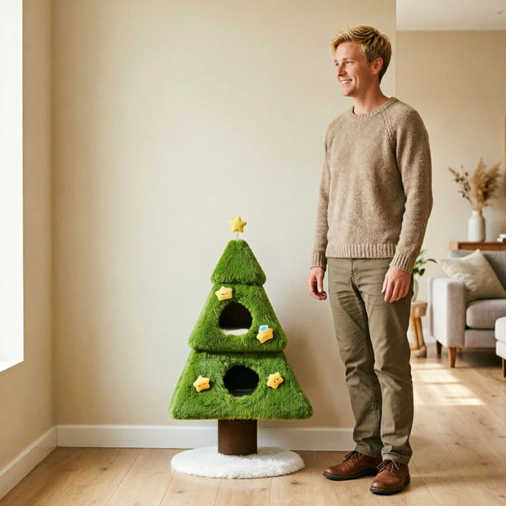 PAWORA Wishing Tree Cat Tree - 116cm Two-Level Cat Tower with 2 Cooling Mats and Scratching Trunk - Green