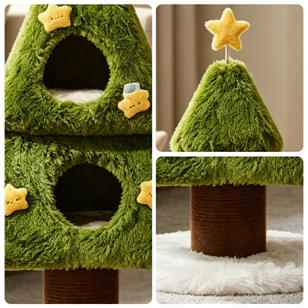 PAWORA Wishing Tree Cat Tree - 116cm Two-Level Cat Tower with 2 Cooling Mats and Scratching Trunk - Green