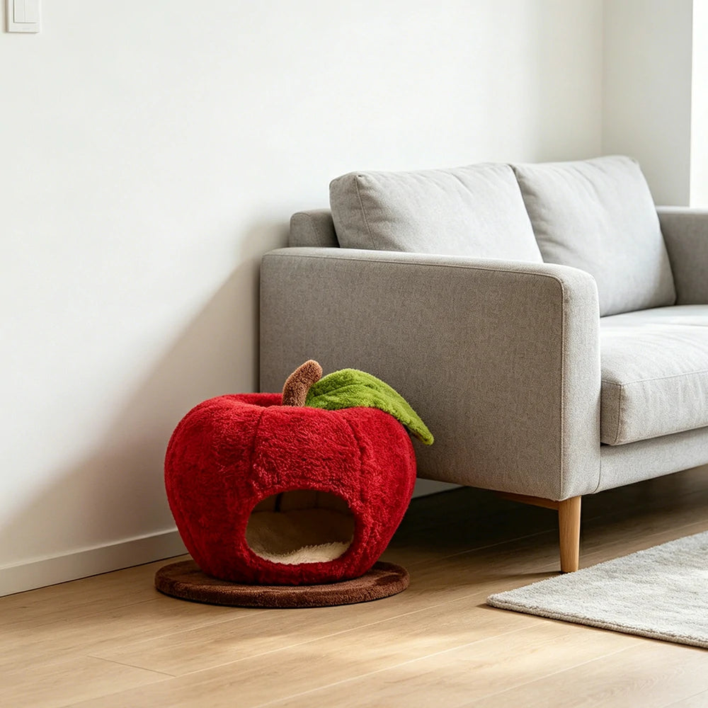 PAWORA Apple Cat Hideaway Bed - Compact 48cm Semi-Enclosed Indoor Pet Resting Nest - Red