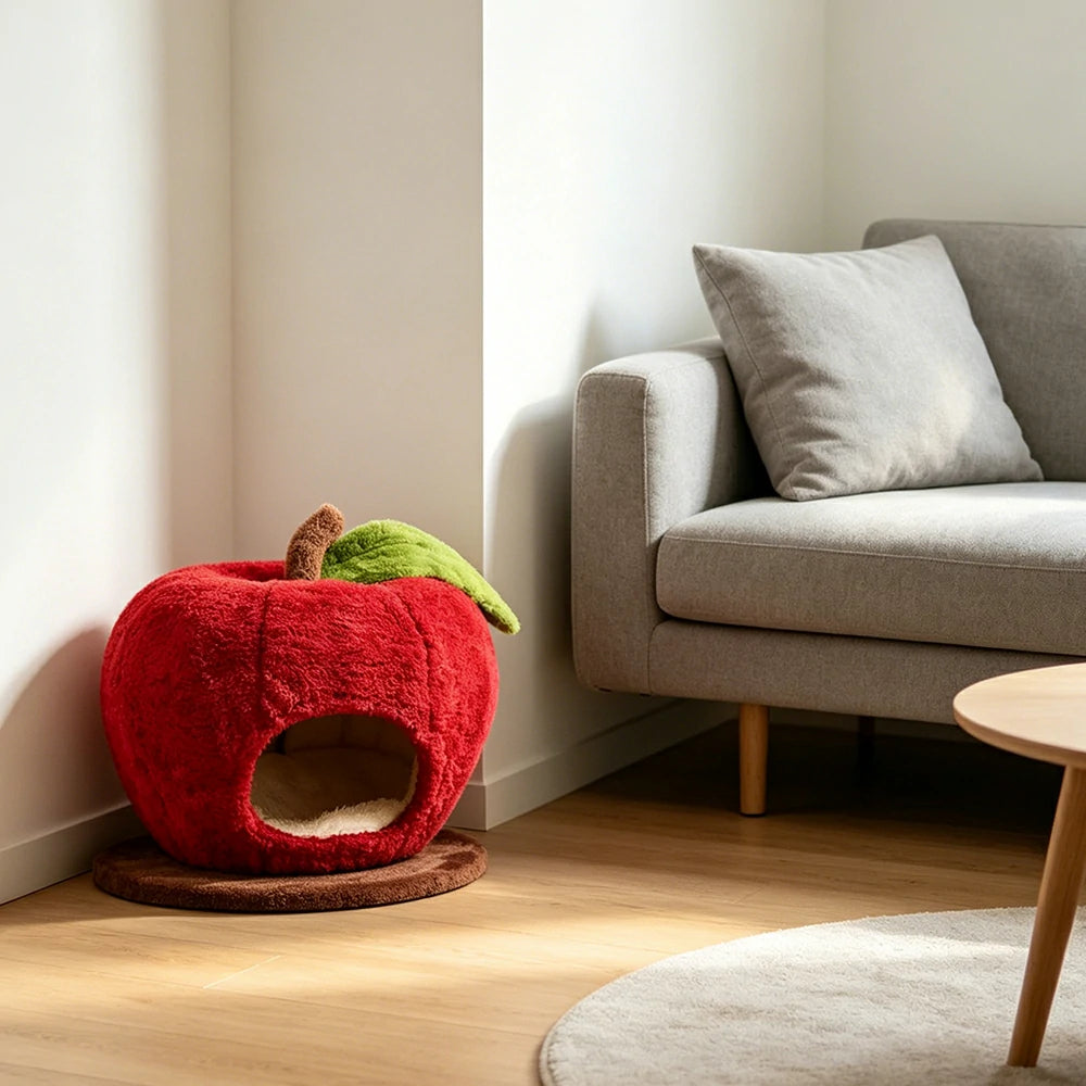 PAWORA Apple Cat Hideaway Bed - Compact 48cm Semi-Enclosed Indoor Pet Resting Nest - Red