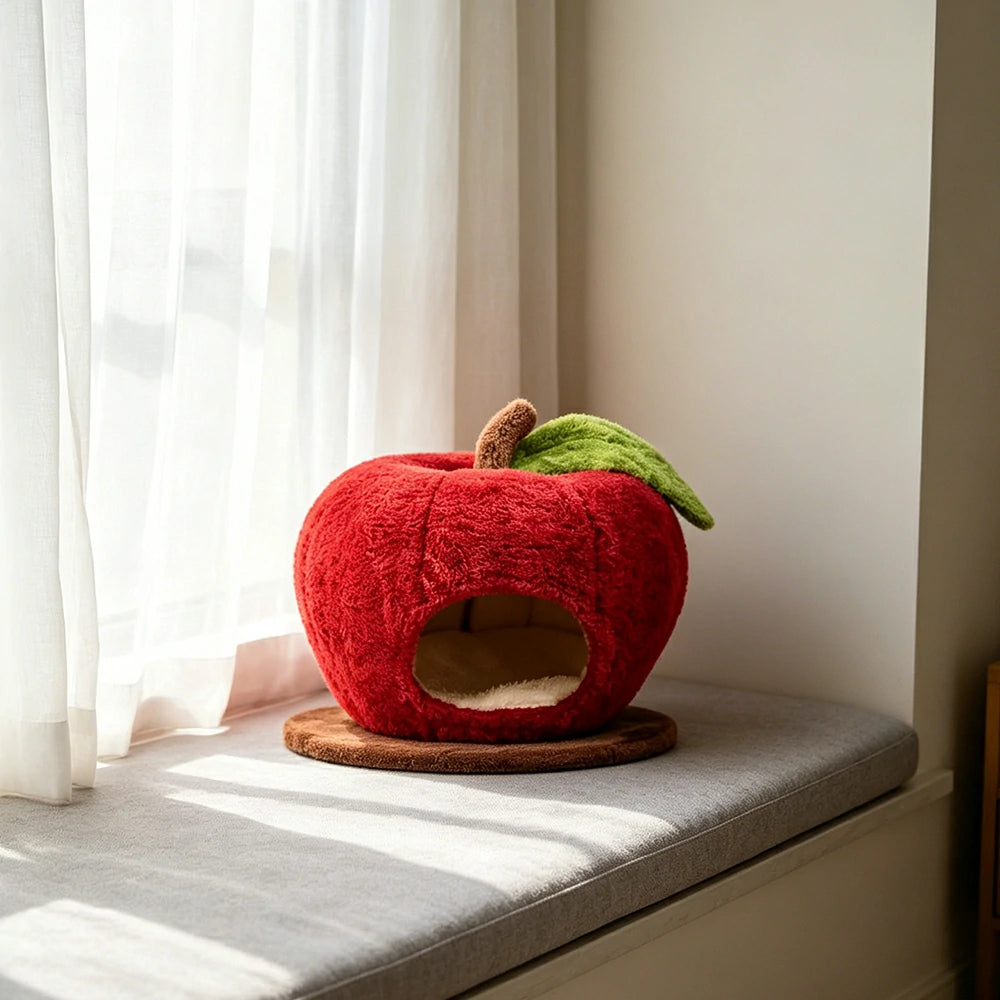 PAWORA Apple Cat Hideaway Bed - Compact 48cm Semi-Enclosed Indoor Pet Resting Nest - Red