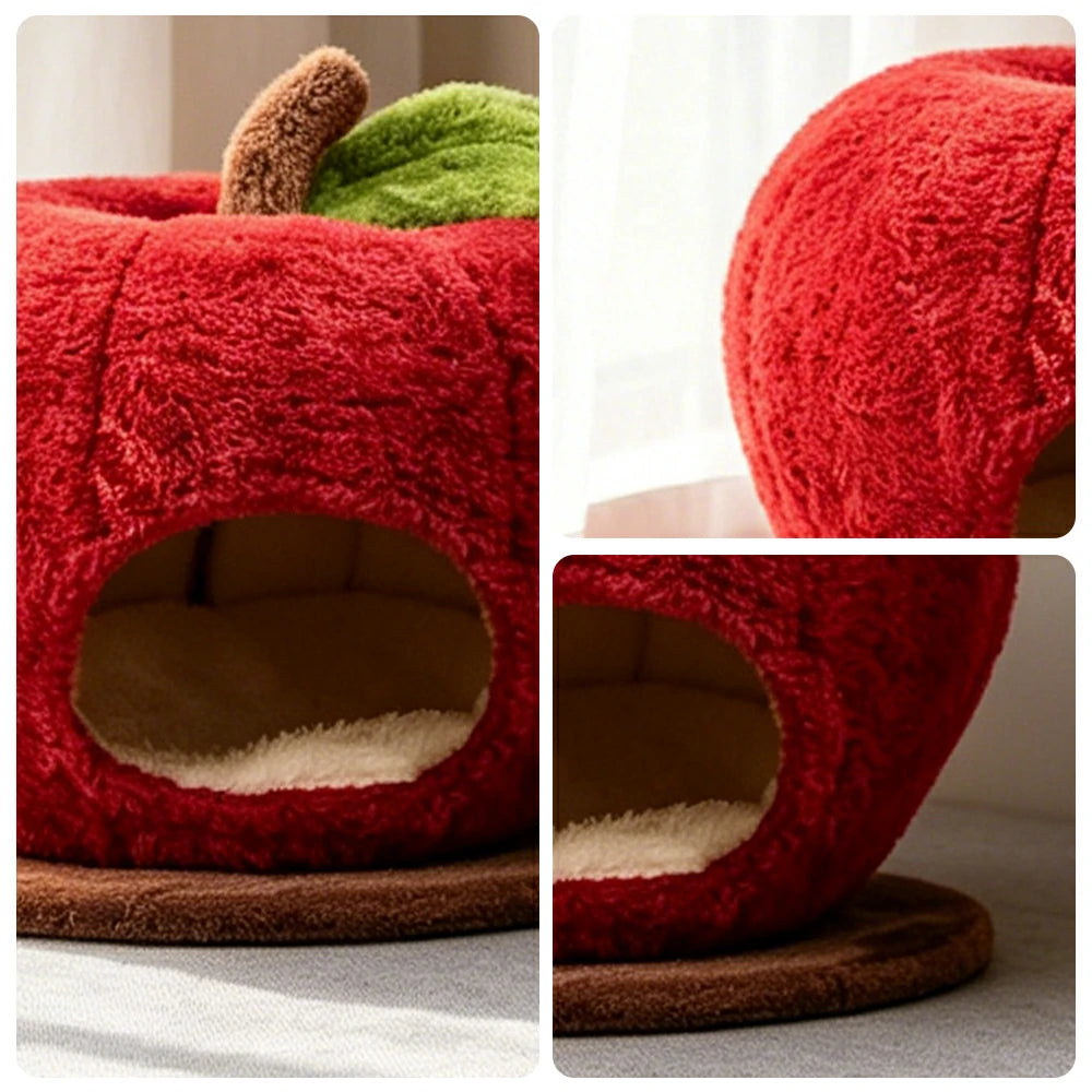 PAWORA Apple Cat Hideaway Bed - Compact 48cm Semi-Enclosed Indoor Pet Resting Nest - Red
