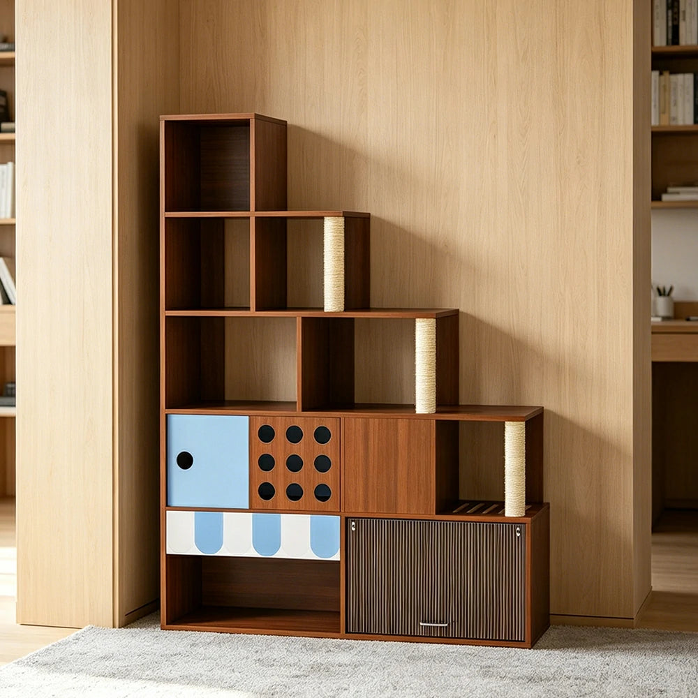PAWORA Cat Ladder Cabinet - Left High Multi-Level Cat Condo with Storage and Litter Box Area - Walnut