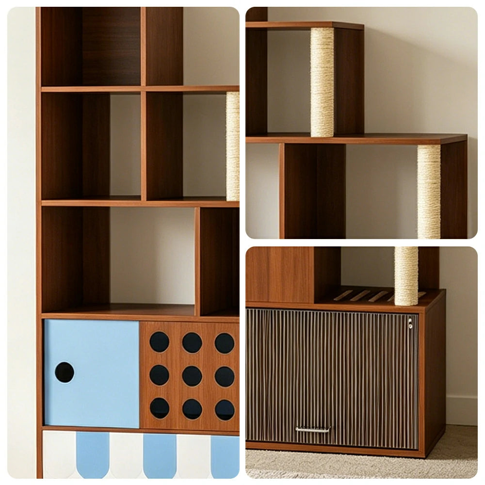 PAWORA Cat Ladder Cabinet - Left High Multi-Level Cat Condo with Storage and Litter Box Area - Walnut