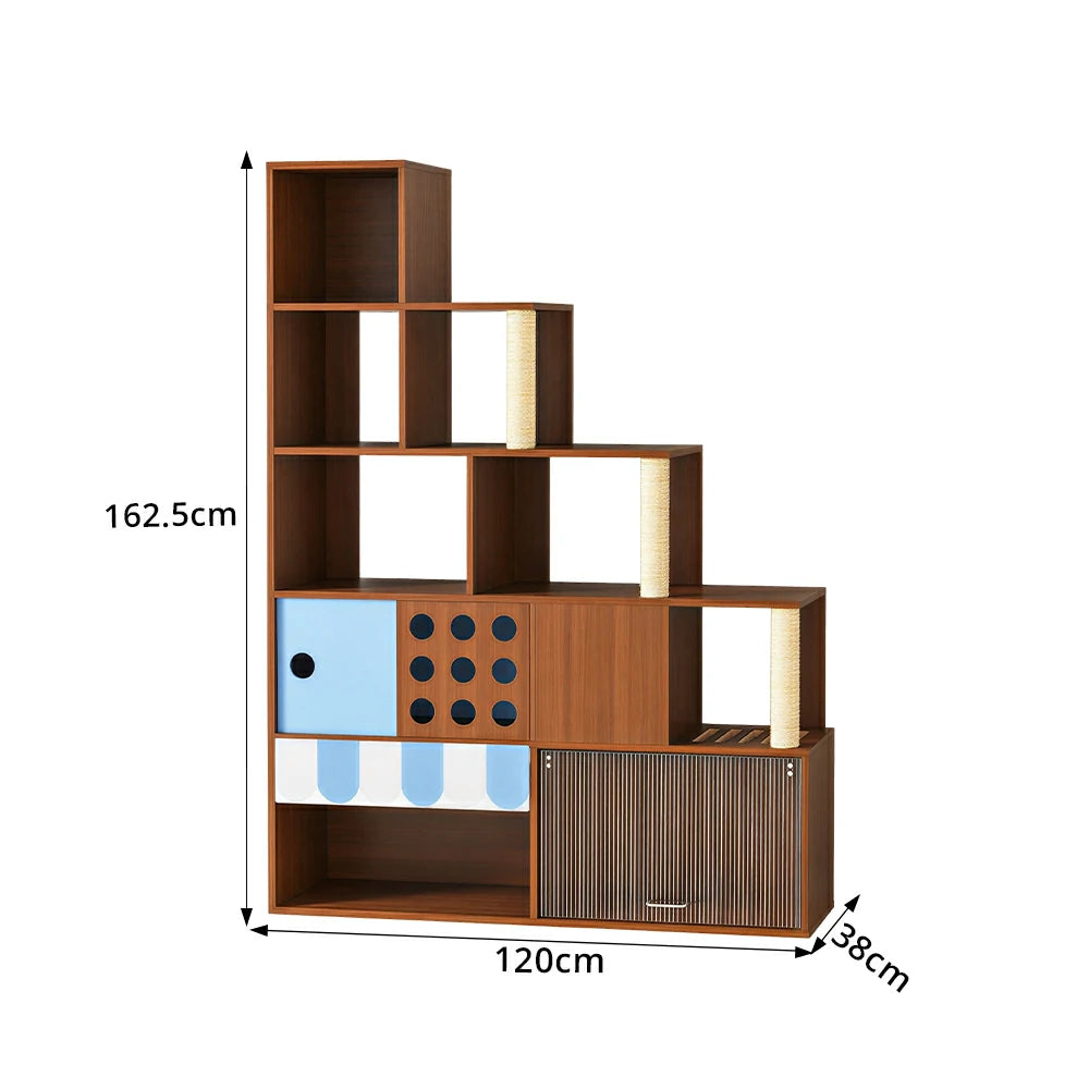 PAWORA Cat Ladder Cabinet - Left High Multi-Level Cat Condo with Storage and Litter Box Area - Walnut