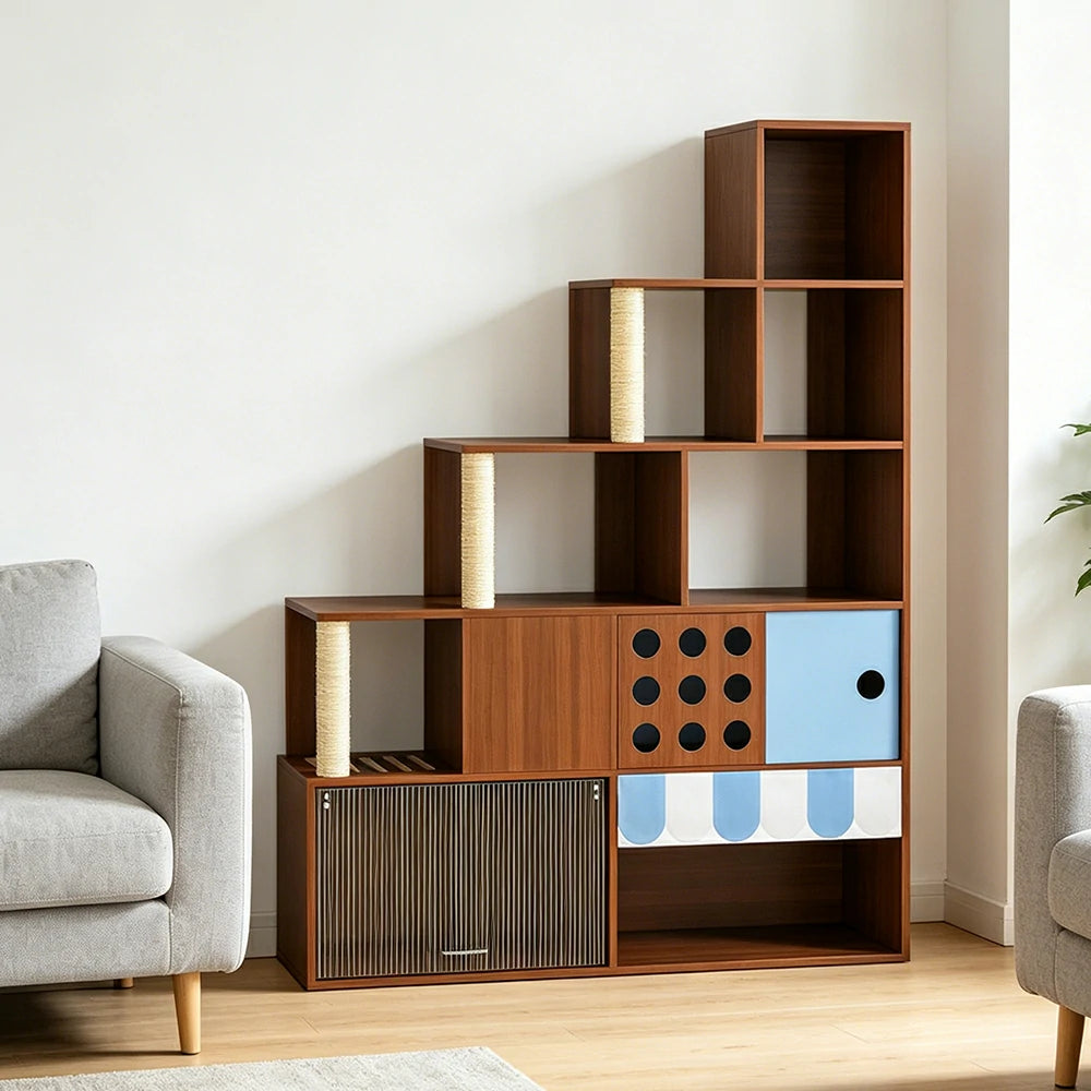 PAWORA Cat Ladder Cabinet - Right High Multi-Level Cat Condo with Storage and Litter Box Area - Walnut
