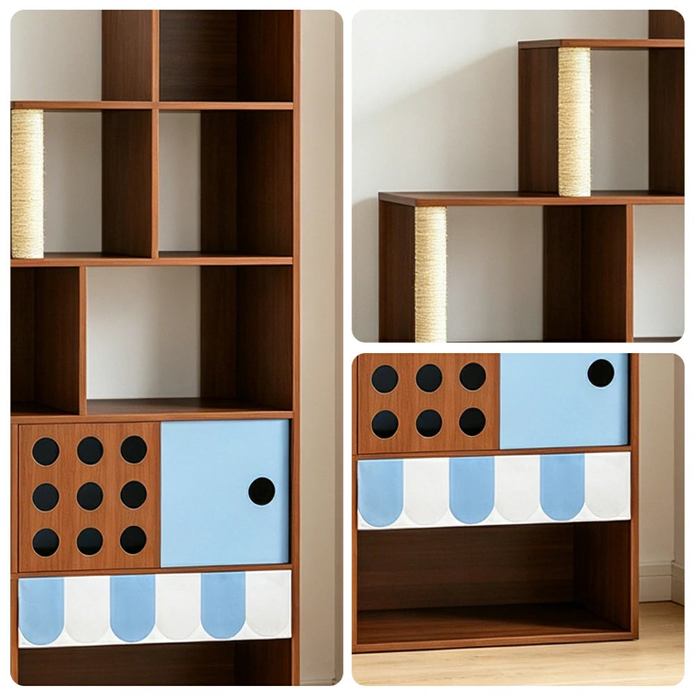 PAWORA Cat Ladder Cabinet - Right High Multi-Level Cat Condo with Storage and Litter Box Area - Walnut