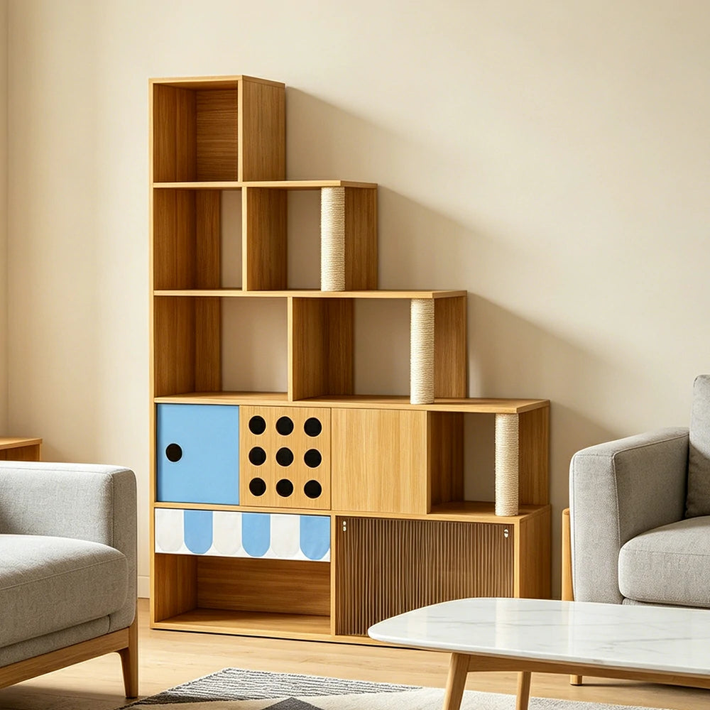 PAWORA Cat Ladder Cabinet - Left High Multi-Level Cat Condo with Storage and Litter Box Area - Wood