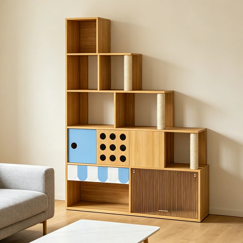 PAWORA Cat Ladder Cabinet - Left High Multi-Level Cat Condo with Storage and Litter Box Area - Wood