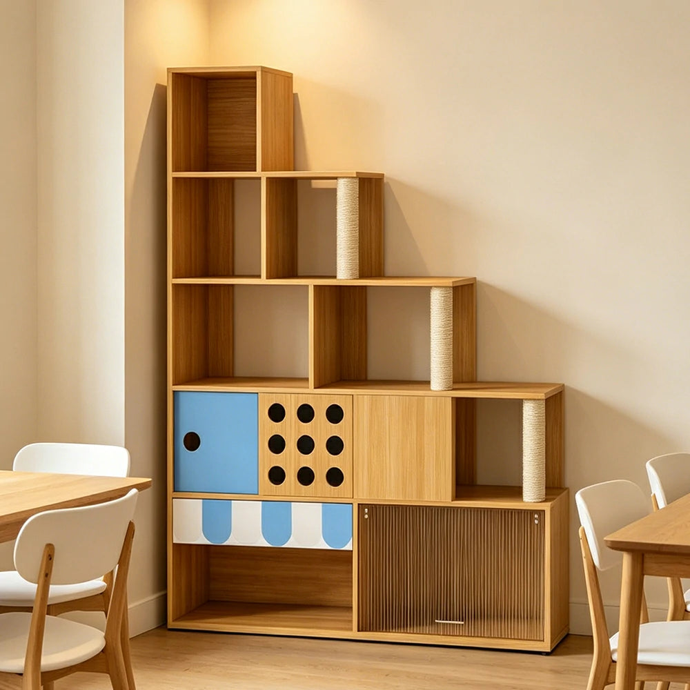 PAWORA Cat Ladder Cabinet - Left High Multi-Level Cat Condo with Storage and Litter Box Area - Wood