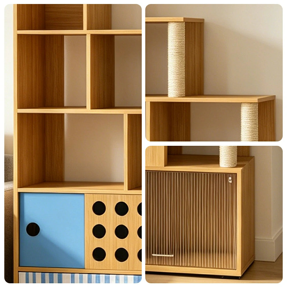 PAWORA Cat Ladder Cabinet - Left High Multi-Level Cat Condo with Storage and Litter Box Area - Wood